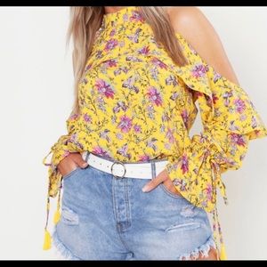 Floral Cold Shoulder Tassle Top